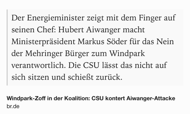 Text Shot: Der Energieminister zeigt mit dem Finger auf seinen Chef: Hubert Aiwanger macht Ministerpräsident Markus Söder für das Nein der Mehringer Bürger zum Windpark verantwortlich. Die CSU lässt das nicht auf sich sitzen und schießt zurück.