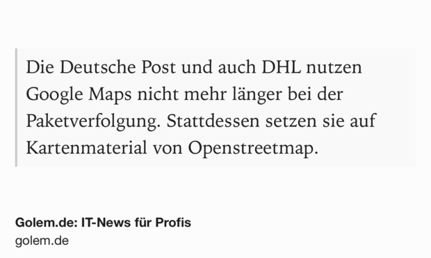 Text Shot: Die Deutsche Post und auch DHL nutzen Google Maps nicht mehr länger bei der Paketverfolgung. Stattdessen setzen sie auf Kartenmaterial von Openstreetmap.