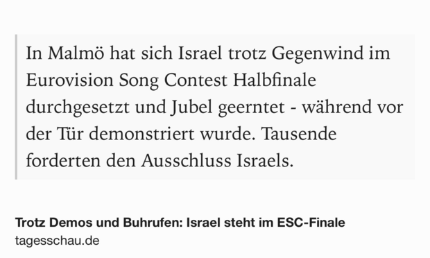 Text Shot: In Malmö hat sich Israel trotz Gegenwind im Eurovision Song Contest Halbfinale durchgesetzt und Jubel geerntet - während vor der Tür demonstriert wurde. Tausende forderten den Ausschluss Israels.