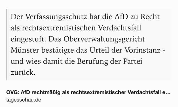 Text Shot: Der Verfassungsschutz hat die AfD zu Recht als rechtsextremistischen Verdachtsfall eingestuft. Das Oberverwaltungsgericht Münster bestätigte das Urteil der Vorinstanz - und wies damit die Berufung der Partei zurück.