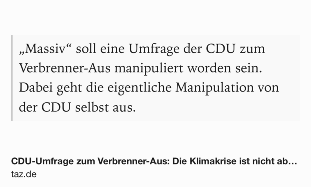Text Shot: „Massiv“ soll eine Umfrage der CDU zum Verbrenner-Aus manipuliert worden sein. Dabei geht die eigentliche Manipulation von der CDU selbst aus.